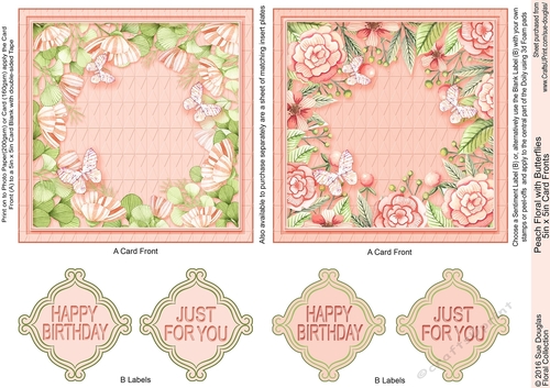 Peach Floral with Butterflies 5in x 5in Card Fronts