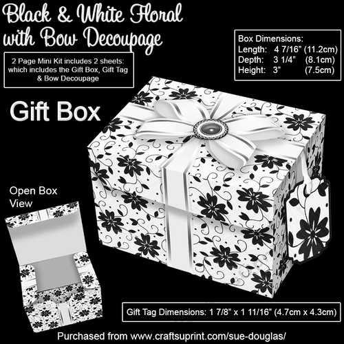 Gift Box Black & White Floral with Bow Decoupage