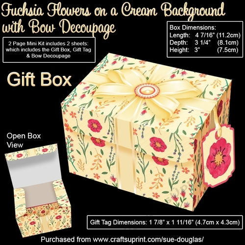 Gift Box Fuchsia Flowers on a Cream Background with Bow Decoupage