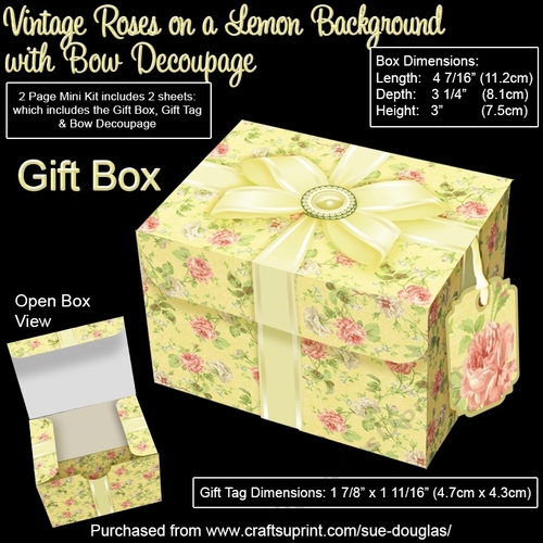 Gift Box Vintage Roses on a Lemon Background with Bow Decoupage