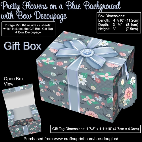 Gift Box Pretty Flowers on a Blue Background with Bow Decoupage