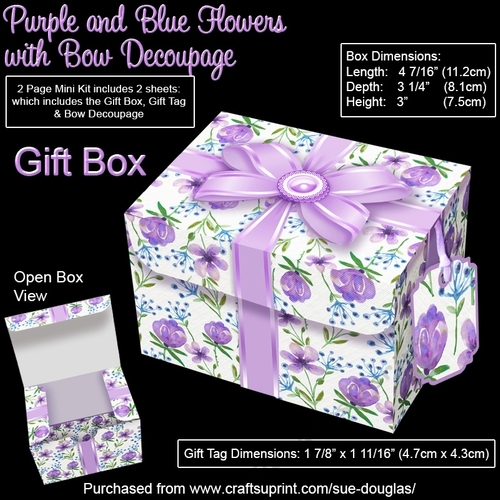 Gift Box Purple & Blue Flowers with Bow Decoupage