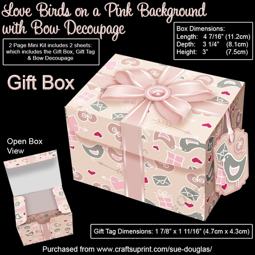 Gift Box Love Birds on a Pink Background with Bow Decoupage