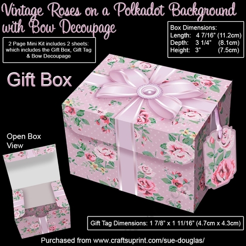 Gift Box Vintage Roses on a Polkadot Background with Bow Decoupage