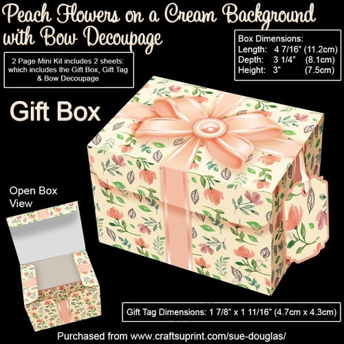 Gift Box Peach Flowers on a Cream Background with Bow Decoupage