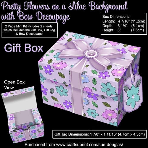 Gift Box Pretty Flowers on a Lilac Background with Bow Decoupage