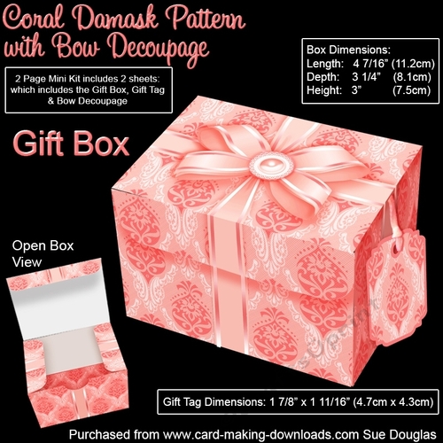 Gift Box Coral Damask Pattern with Bow Decoupage