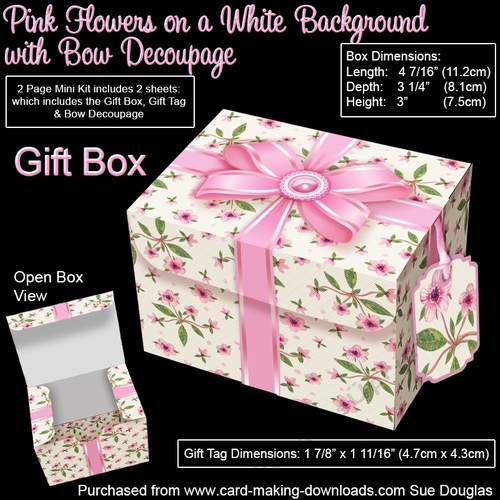 Gift Box Pink Flowers on a White Background with Bow Decoupage