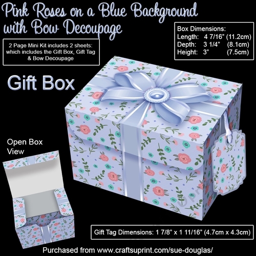 Gift Box Pink Roses on a Blue Background with Bow Decoupage