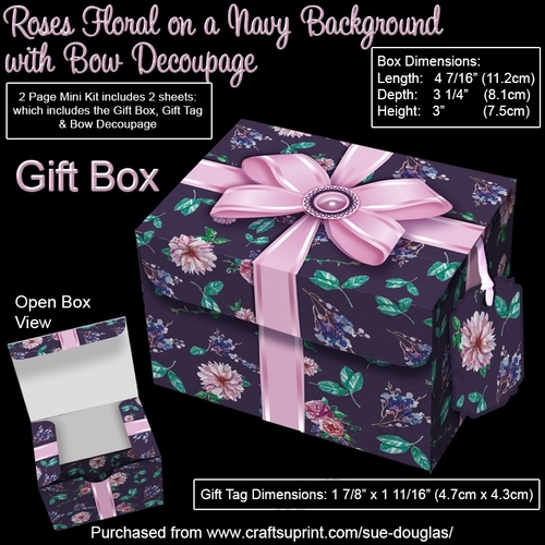 Gift Box Roses Floral on a Navy Background with Bow Decoupage
