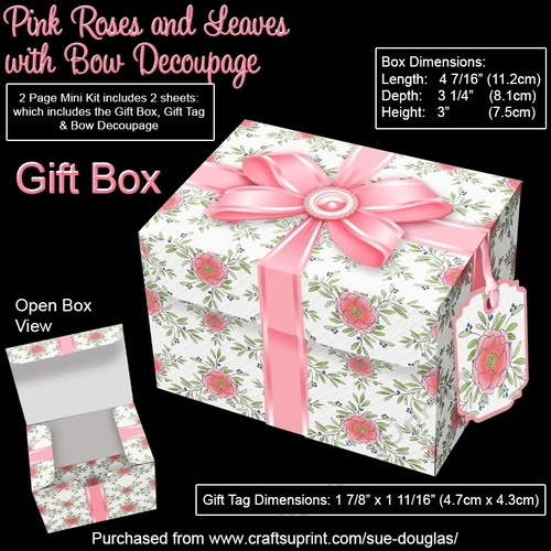 Gift Box Pink Roses & Leaves with Bow Decoupage