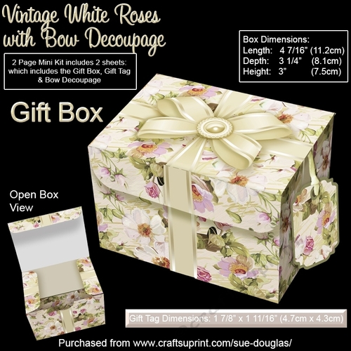 Gift Box Vintage White Roses with Bow Decoupage