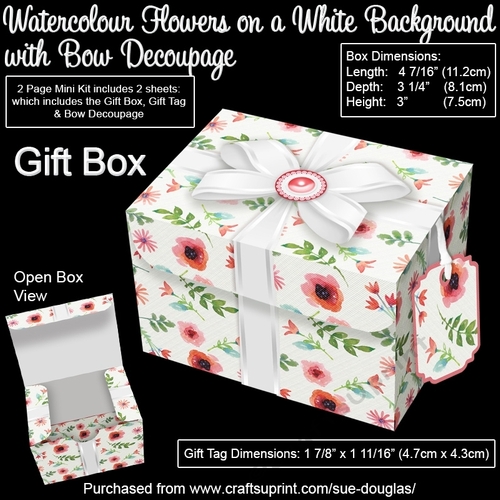Gift Box Watercolour Flowers on a White Background with Bow Decoupage