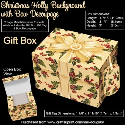 Gift Box Christmas Holly Background with Bow Decoupage