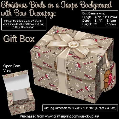 Gift Box Christmas Birds on a Taupe Background with Bow Decoupage