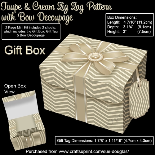 Gift Box Taupe & Cream Zig Zag Pattern with Bow Decoupage