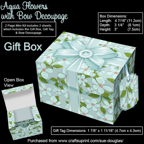 Gift Box Aqua Flowers with Bow Decoupage