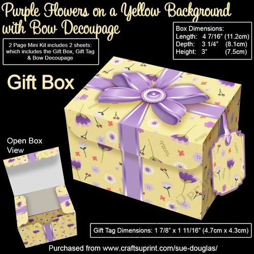 Gift Box Purple Flowers on a Yellow Background with Bow Decoupage