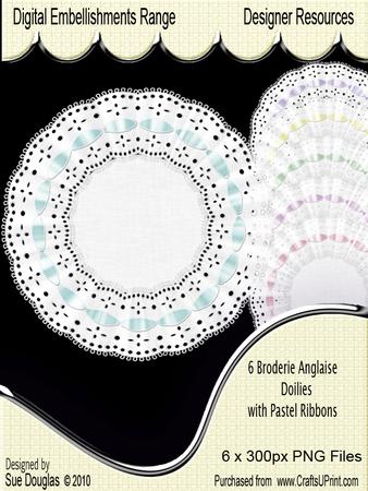 Broderie Anglaise Doilies Pastel Ribbon, 6 Digital Png Files