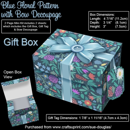 Gift Box Blue Floral Pattern with Bow Decoupage