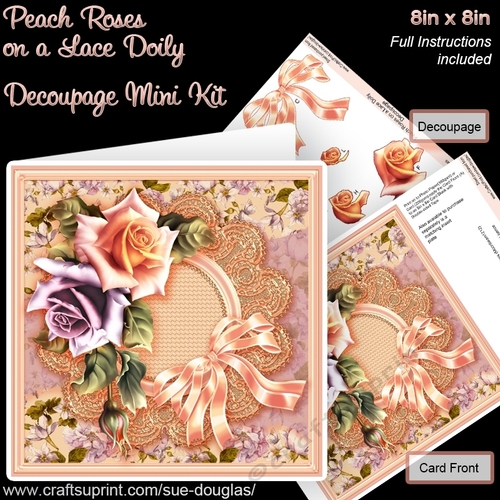 Peach Roses on a Lace Doily 8in x 8in Decoupage Mini Kit
