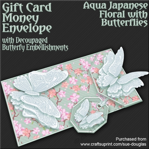 Aqua Japanese Floral with Butterflies Card/Money Envelope Mini Kit