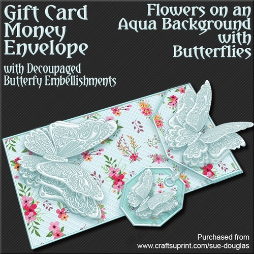 Flowers on an Aqua Background with Butterflies Card/Money Envelope Mini Kit
