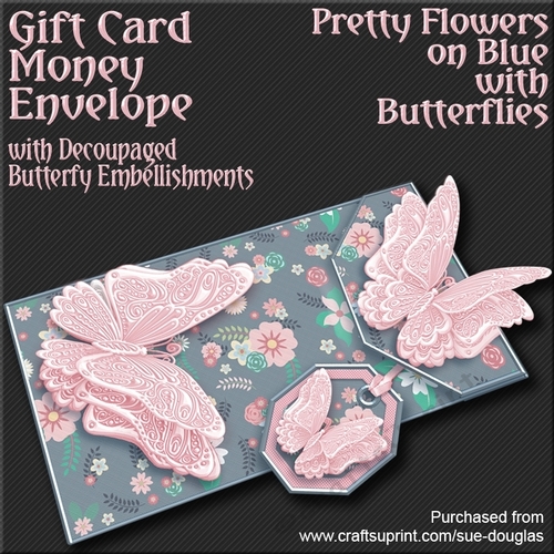 Pretty Flowers on Blue with Butterflies Card/Money Envelope Mini Kit