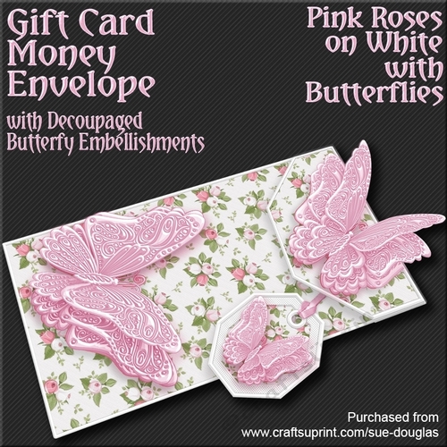 Pink Roses on White with Butterflies Card/Money Envelope Mini Kit