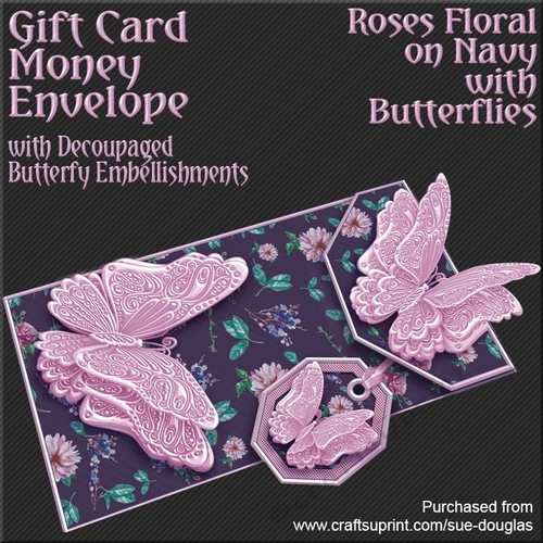 Roses Floral on Navy with Butterflies Card/Money Envelope Mini Kit