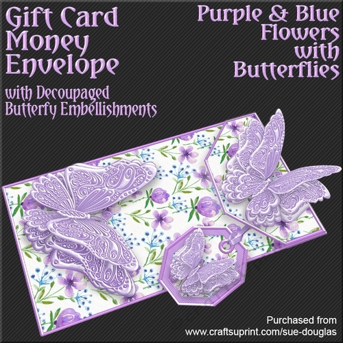 Purple & Blue Flowers with Butterflies Card/Money Envelope Mini Kit