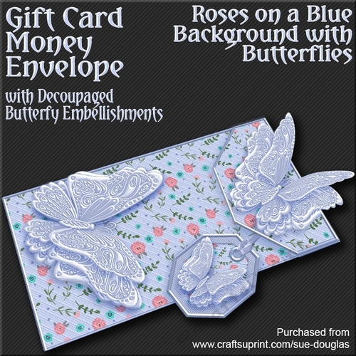 Roses on a Blue Bgd with Butterflies Card/Money Envelope Mini Kit