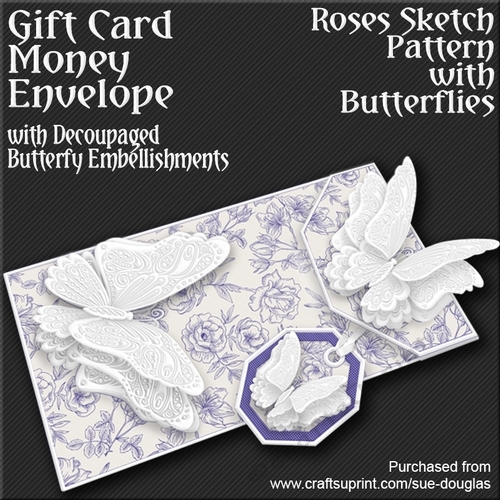 Roses Sketch Pattern with Butterflies Card/Money Envelope Mini Kit