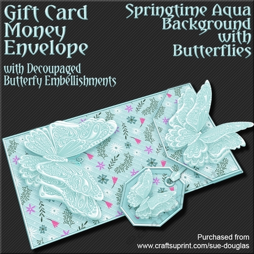 Springtime Aqua Bgd with Butterflies Card/Money Envelope Mini Kit