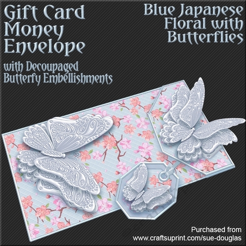 Blue Japanese Floral with Butterflies Card/Money Envelope Mini Kit