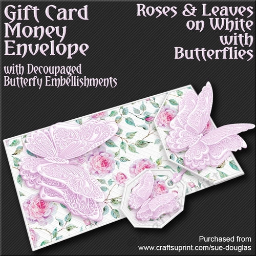 Roses and Leaves on White with Butterflies Card/Money Envelope Mini Kit