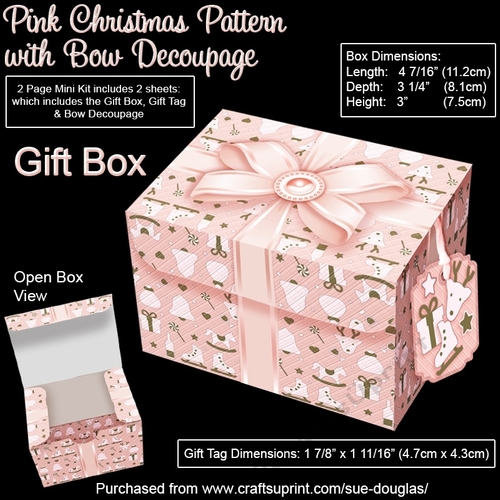 Gift Box Pink Christmas Pattern with Bow Decoupage