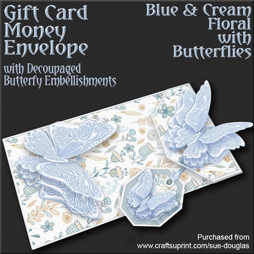 Blue and Cream Floral with Butterflies Card/Money Envelope Mini Kit