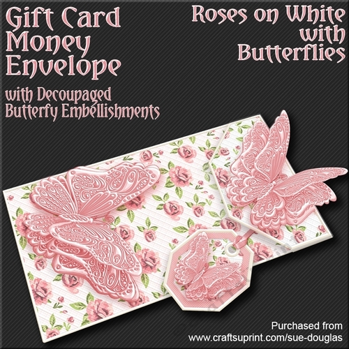 Roses on White with Butterflies Card/Money Envelope Mini Kit