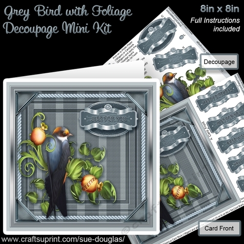 Grey Bird with Foliage 8in x 8in Decoupage Mini Kit