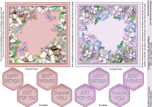 Vintage Floral with Butterflies 5in x 5in Card Fronts