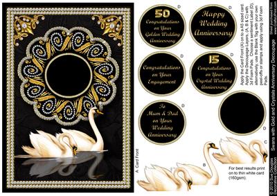 Swans with Gold & Crystals Anniversary, Decoupage