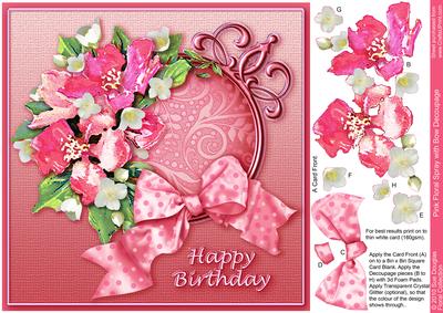 Pink Floral Spray Decoupage, 8in x 8in Square, Birthday