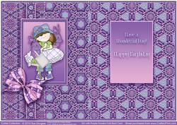 Girl with Purple Flowers Fold Back Birthday Card