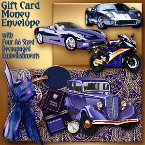 Blue Paisley, Gift Envelope with Car and Motorbike Decoupage