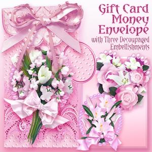 Pink Floral Lace and Pearls, Gift Envelope with 3 Decoupage