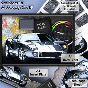 Silver Sports Car A4 Decoupage, Birthday