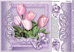 Pink Tulips in a Lilac Rope Frame - 8in x 8in Decoupage
