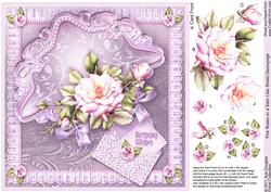 Pink Roses on a Lilac Satin Shield 8in x 8in Decoupage