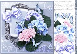 Hydrangeas on a Blue Ornate Panel 8in x 8in Decoupage